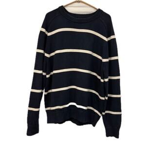 J. Crew Mens Crewneck Sweater Size Large Knit Navy Blue White Striped Nautical